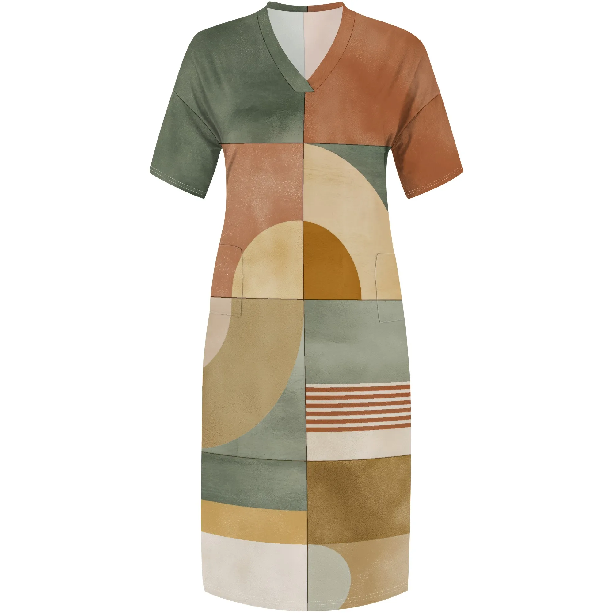 Nupusa jurk met geometrische lijnprint voor dames, grote maten zomer, casual midi-jurk met V-hals en korte mouwen