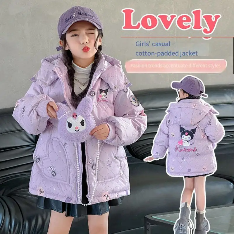 Sanrios Cotton Clothes Kuromi Child Girl Cotton Coat Plus Velvet Thicken Winter New Anime Soft Keep Warm Kawaii Cartoon Coat