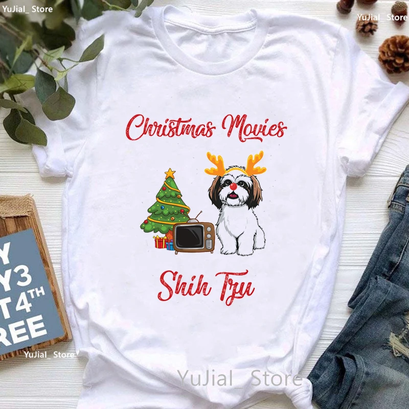 

Christmas Movies Shih Tzu/Akita/Bull Terrier/Sheltie/Amstatt/Husky Graphic Print Tshirt Women Funny Dog Lover T Shirt Girls