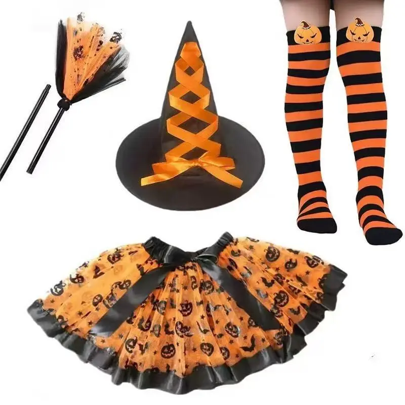 Girls Halloween Witch Cosplay Set Pumpkin Print Tutu Skirt Witch Hat Broom Carnival Masquerade Party Costume Party Fancy Dress