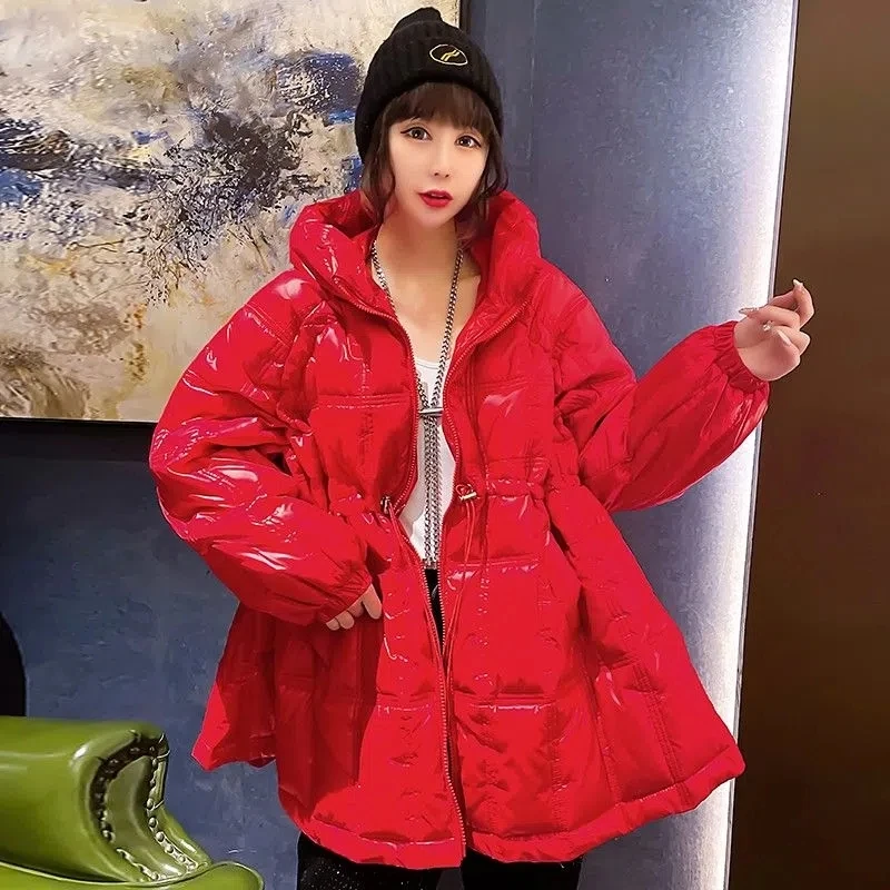 Candy Color Cotton-padded Jacket Women\'s Winter 2024 New Loose Korean Puffy Coat Warm Hooded Bright Outwear Pregnant Can Wear