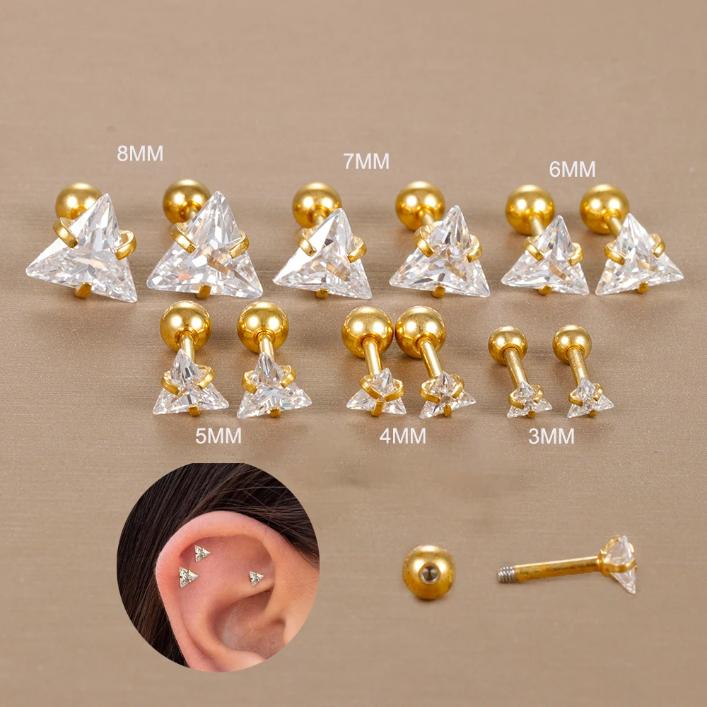 2PC Stainless Steel Minimal Crystal Triangle Piercing Earrings Helix Studs Tragus Cartilage Studs Earring Christmas Jewelry Gift