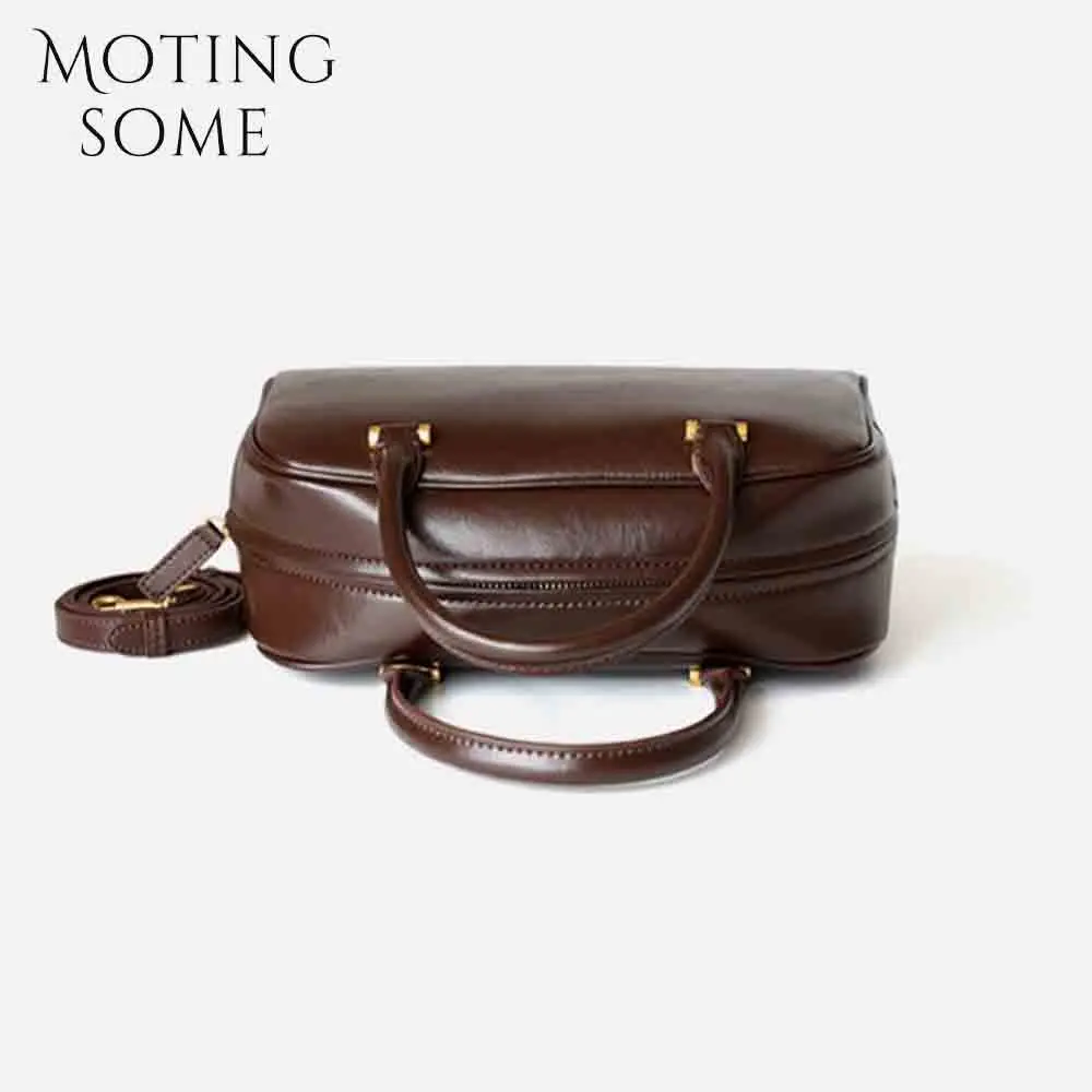 Motingsome Stylish Woman Bowling Bags Boston Purses Luxury Genuine Leather Handbag Pillow Bags Shoulder Retro Satchel Black 2024