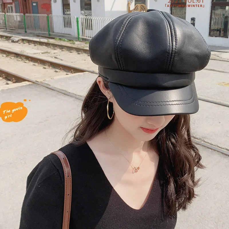 

England Style Spring Real Leather Cap For Women Painter Cap Octagonal Vintage Beret Female Brown Boinas Hat