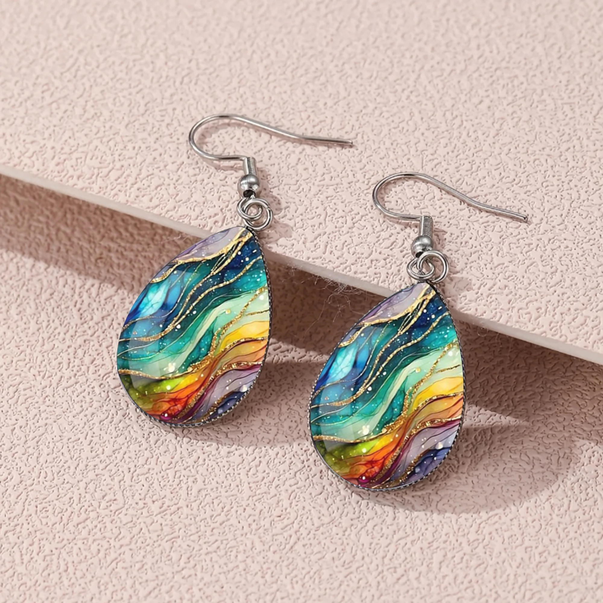 1 Pair of Colorful Flowing Galaxy Pattern Earrings with Convex Glass and 316 Stainless Steel Material, Featuring Waterdrop Design, Classic and Elegant Style Suitable for Women for Daily Wear, Gift-Giving, and Parties