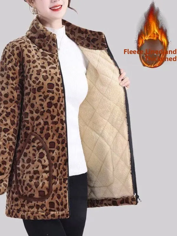 

Thickened Fleece Lined Zipper Closure Leopard Print Stand Collar Home Clothes Anti Dirt Cover up Winter New Arrival Women's Coat