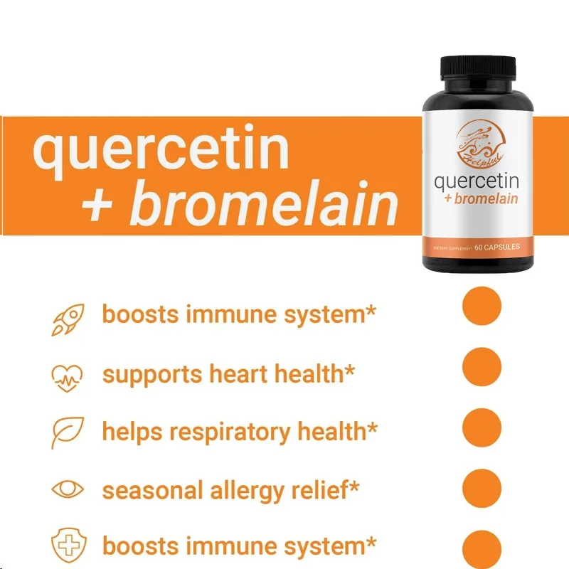 Quercetin 500 mg contiene bromelina de alta calidad, antioxidante de alta absorción, apoyo inmunológico y salud 60 cápsulas