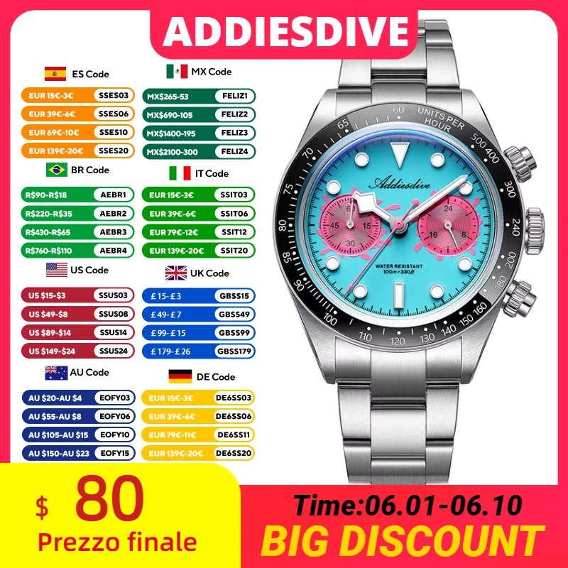 

ADDIESDIVE AD2520 Male Clock Stainless steel Chronograph VK64 Watch Ceramic Bezel Colorful Dial Watches BGW9 Luminous Waterproof