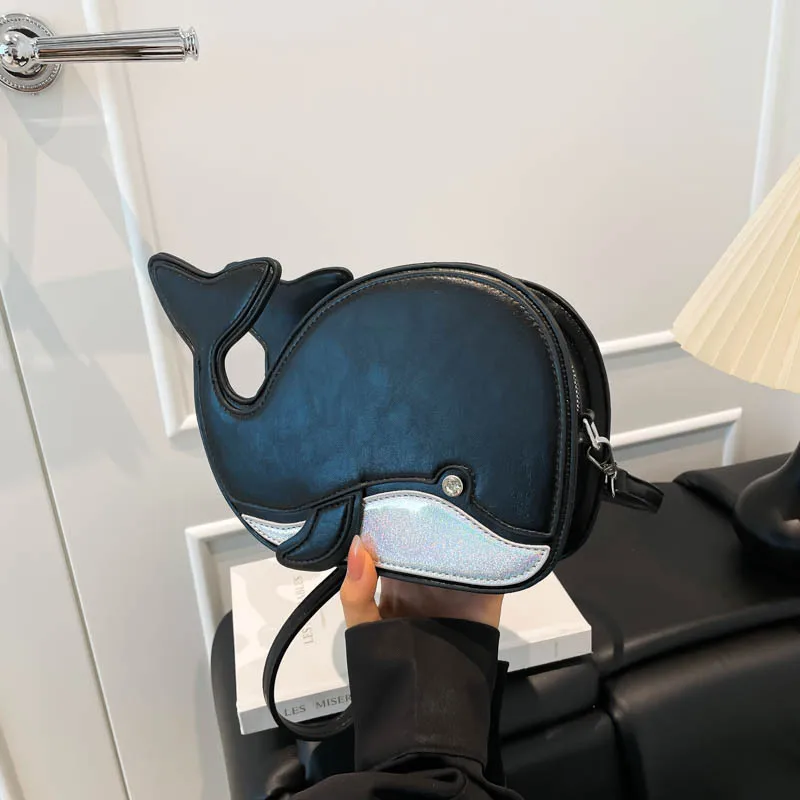 حقيبة كروس فريدة من نوعها على شكل حوت، محفظة كتف بتصميم حيوان لطيف، حقيبة بيان ملونة للنساء #4