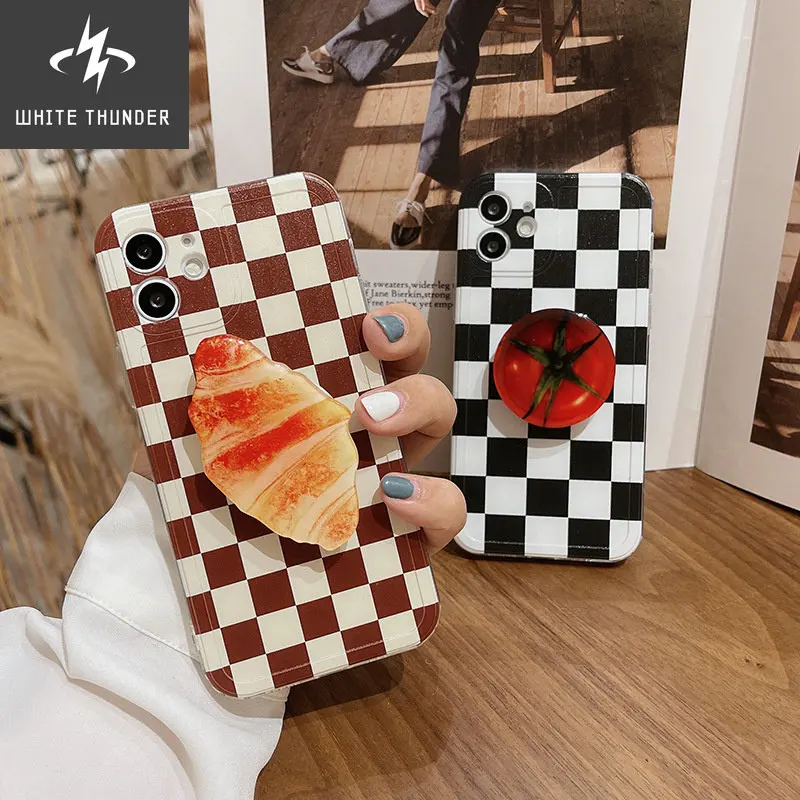 Blue Checkerboard Flower Tomatoes Croissant Finger Bracket Phone Case For iphone 11 12 13 Mini Pro Max XS XR SE 8 7 Plus Cover