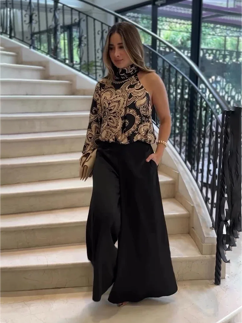 Women's suit 2024 summer fashion new asymmetrical long-sleeved top wide-leg pants two-piece set