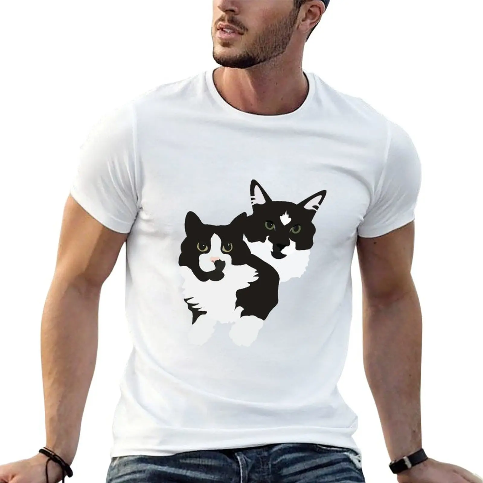 

Black and White Cat Illustrations T-Shirt man tshirt man t shirt cotton high quality t shirt for man 100 percent cotton T-shirt