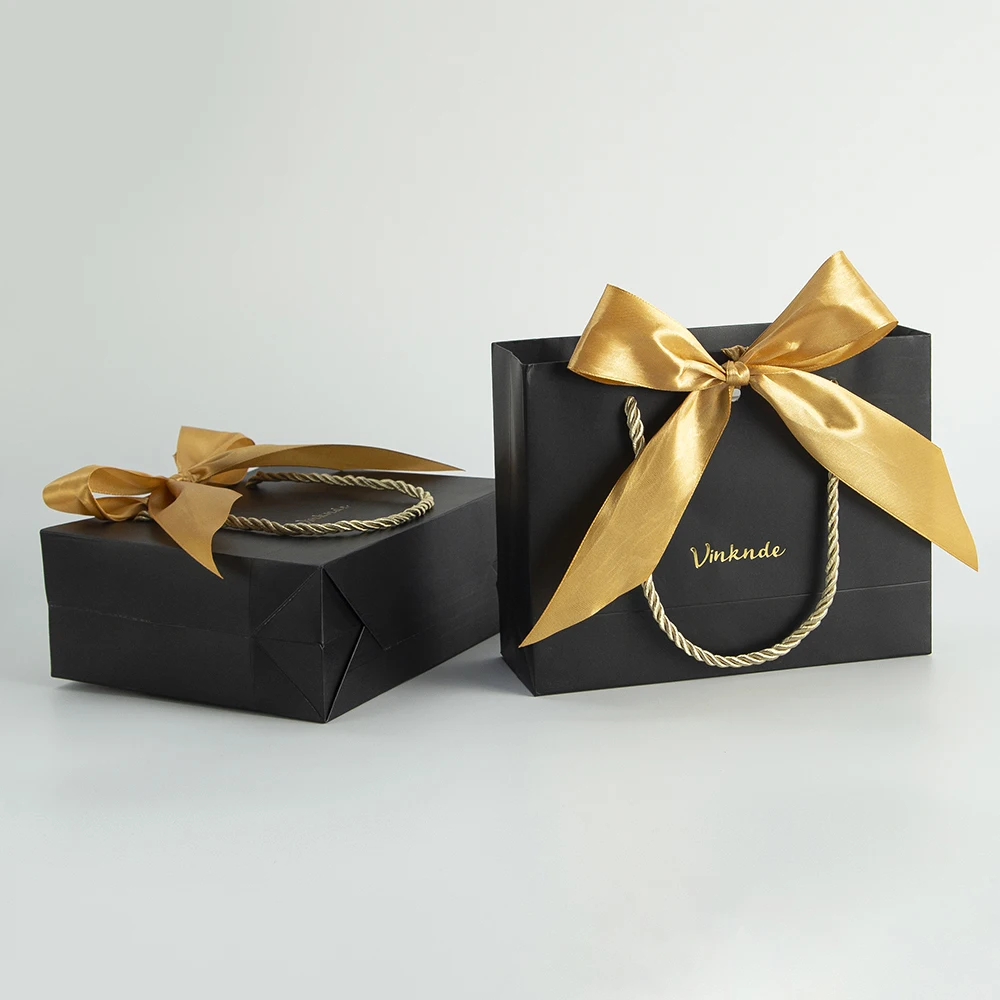 100Pcs Custom Logo Black Paper Shopping Bags with Handle Gold Bow Boutique Clothes Merchandise Wedding Party DIY Gift Packaging