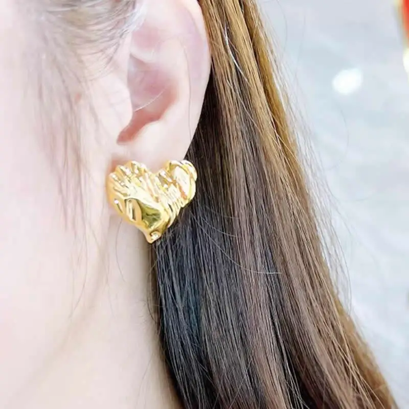 Solid 18K Yellow Gold Earrings Women AU750 Gold Big Heart Stud Earrings