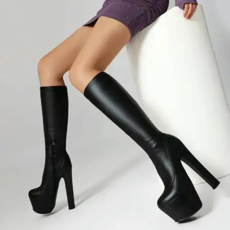 Sexy Super High Heel Women Stretch Boot Large Size Chunky Heel High Platform Pointed Toe Modern Long Boots Spice Girl 17Cm Lady
