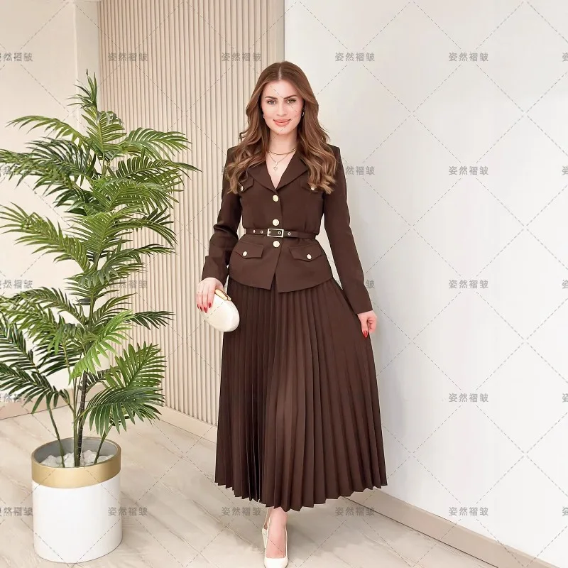 

Miyake Pleated Women's Fashionable Skirt Set Autumn Top Jacket+pleated Long Skirt Two-piece Set Versatile for Commuting