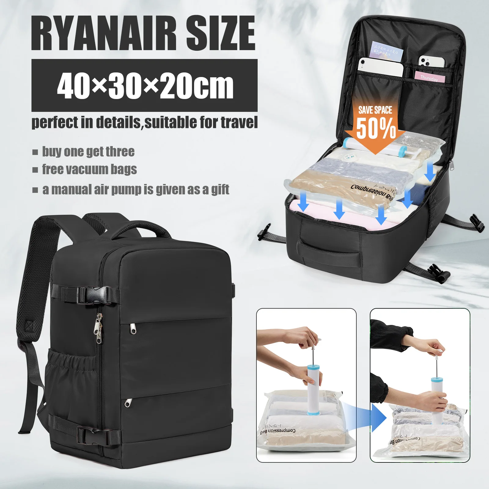 حقائب Ryanair Cabin مقاس 40 × 30 × 20 حقيبة ظهر للسفر تحت المقعد، حقيبة مفرغة للسفر من القماش الخشن، حقيبة ظهر كاجوال للركاب في الهواء الطلق #1