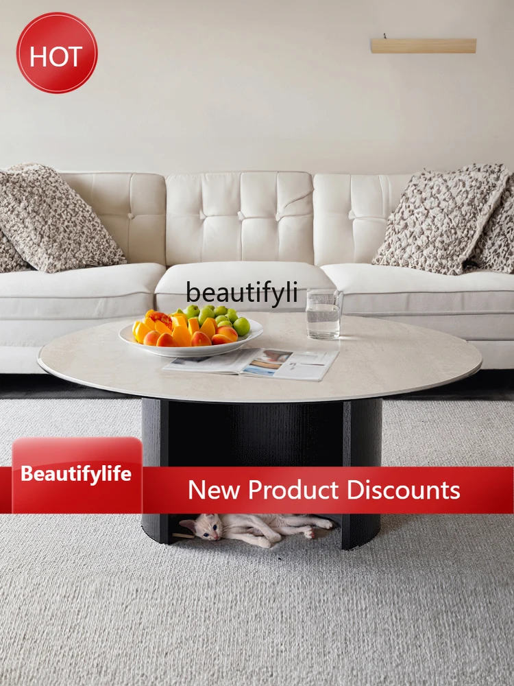Solid Wood Coffee Table round French Style Minimalist Black Cave Stone Stone Plate Short Round Table