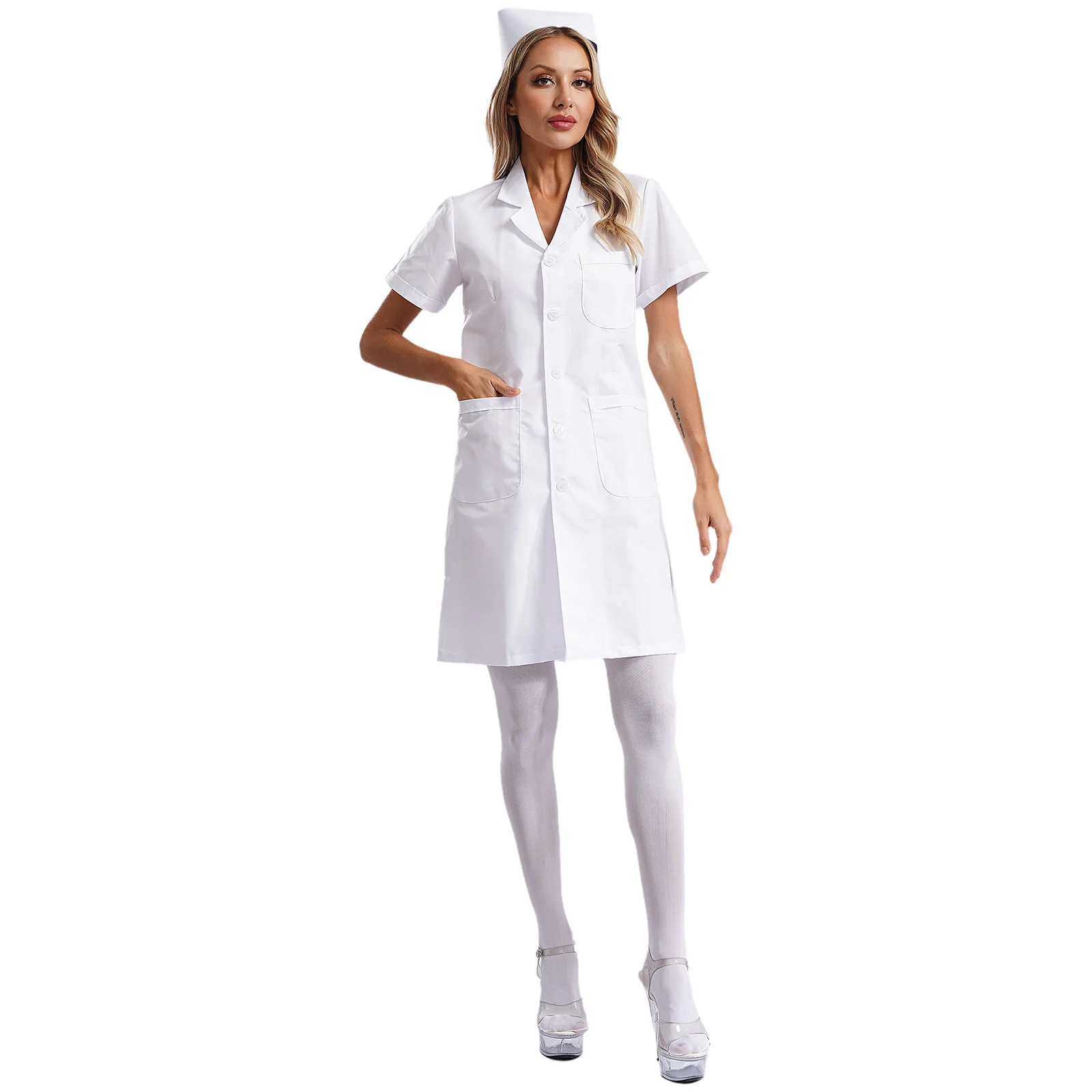 Women Purity White Nurse Doctor Hospital Working Outfit Dress Costume Short Sleeve Dress with Pantyhose Stockings And Hat Set