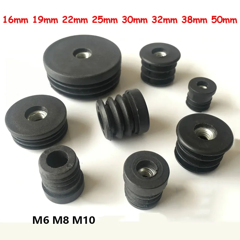 2/4/8/10 Pcs Black Round Blanking End Caps 16 19 22 25 30 32 38 50mm Pipe Tube PE+PP Plastic Inserts With M6 M8 M10 Metal Thread