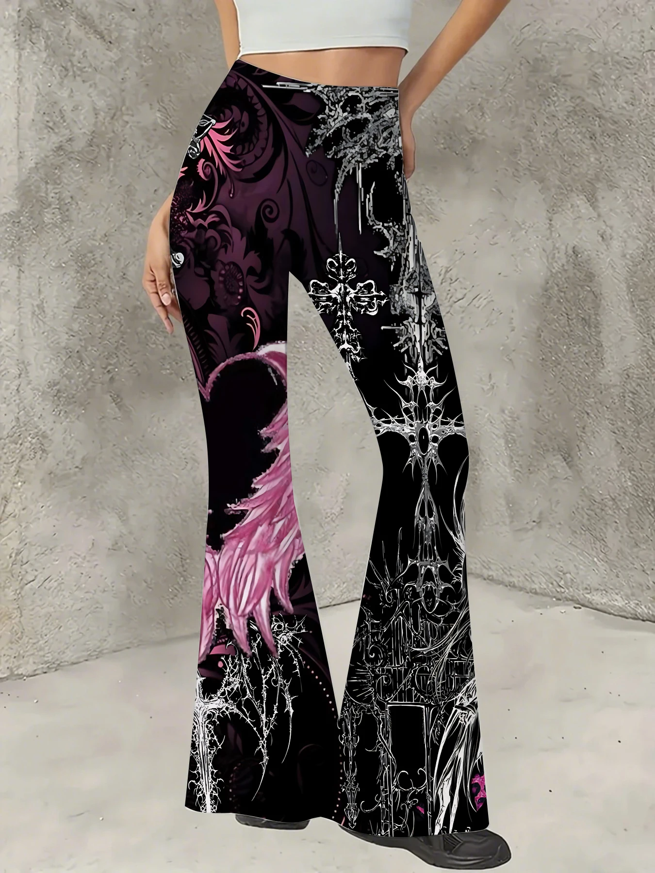 

Retro Printed Flare Pants Women High Waist Polyester Knit Bell Bottom Trousers