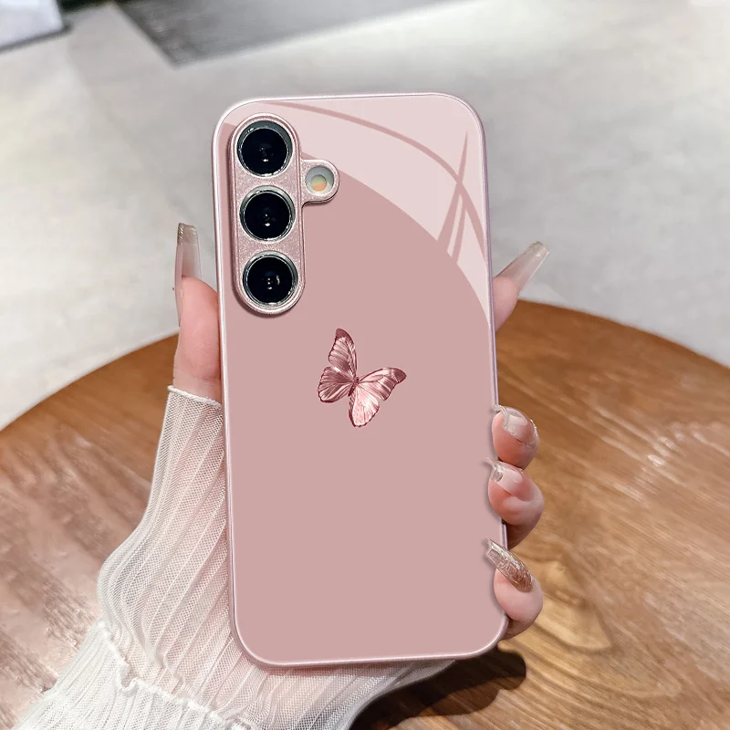 Simple Butterfly Phone case s26 ultra case Glass phone case for Samsung Galaxy S26/S25/S24/S23/S22/S21 FE Ultra Plus Shockproof
