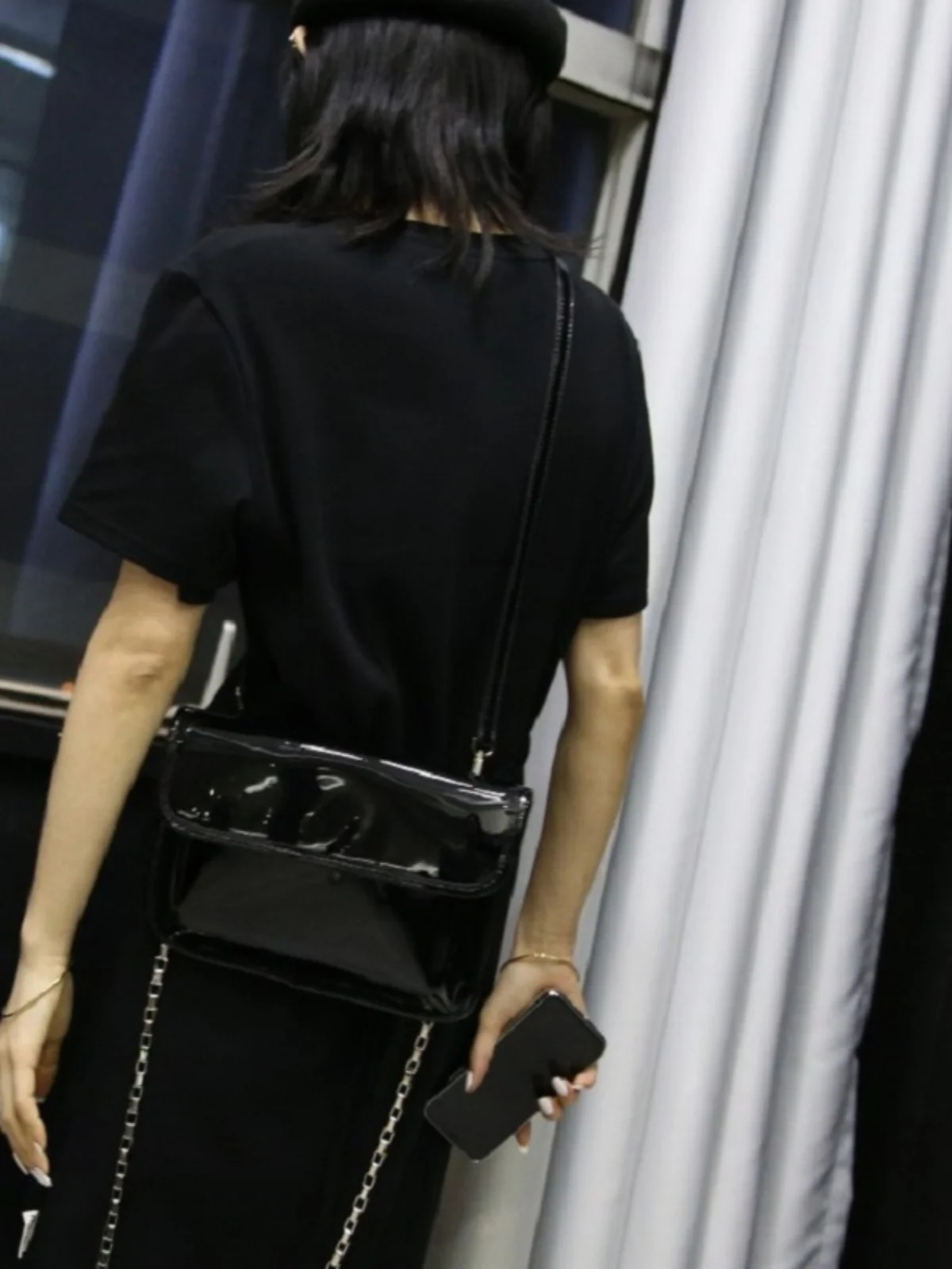 Classic Patent Leather Black Bag For Women 2024 New Versatile Fashion Simple Double Shoulder Strap Chain Small Square Bag