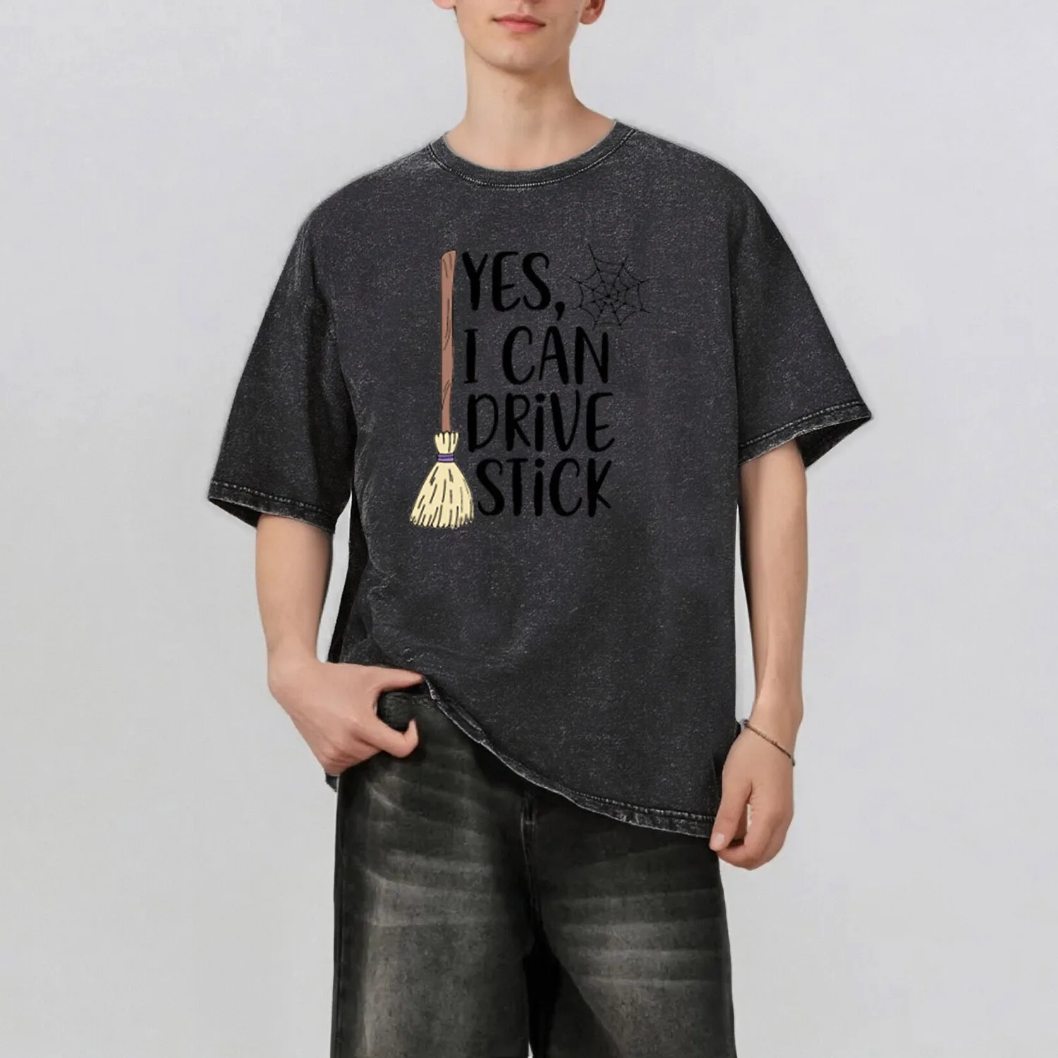 

Broom Pattern Rint Men's Summer Retro Style Washed Water T-Shirt Casual Short Sleeved Basic Men's Top 230G