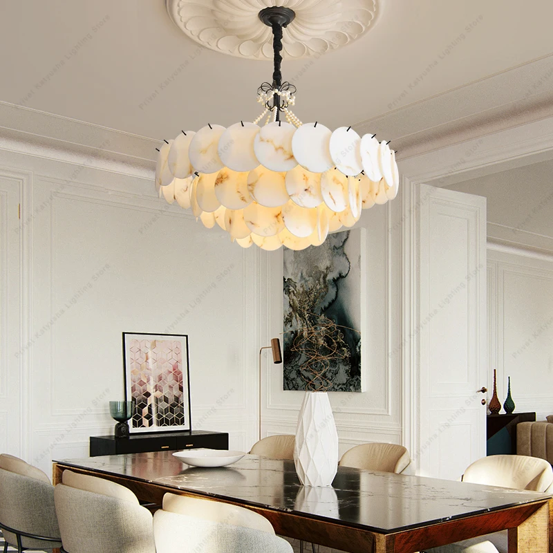 Modern Elegant Ceiling Chandeliers Imitation Marble Lampshades, Home Decoration White Hanging Chandelier for Living Room Bedroom