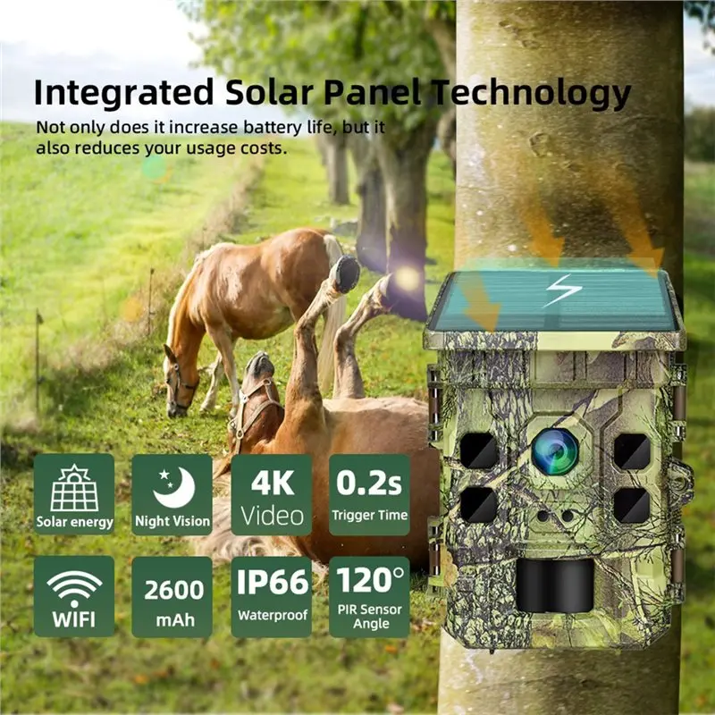 

Waterproof Trail Camera 4K Solar Powered Game Camera With Wifi Bluetooth, Night Vision,Solar Panel For Wildlife Monitoring