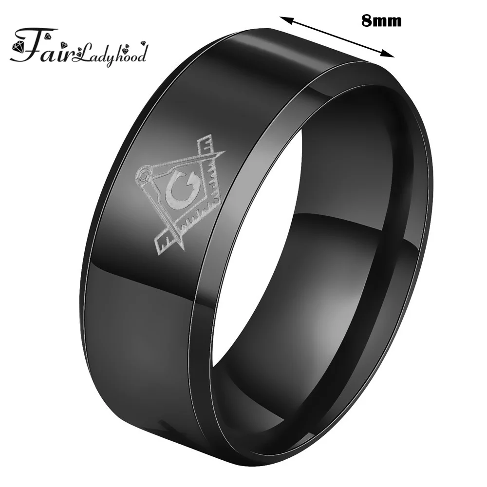 FairLadyHood Masonic Black Silver Color Gold 316L Stainless Steel Ring 8 mm For Men Boy Freemasonry Gifts Jewelry