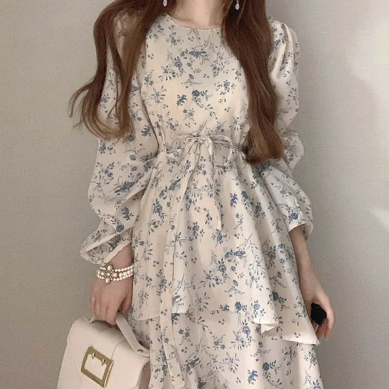 Bohemian Floral Print Dresses Women Fashion Korean Puff Sleeve Midi Dress Elegant Belted Layered Ruffled Hem Vestidos
