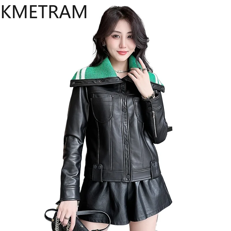 100 % obere Schicht aus Schaffelljacke für Damen, schwarze Biker-Jacken aus echtem Leder, neu in Oberbekleidung, Herbstkleidung, 2025, Damen,...