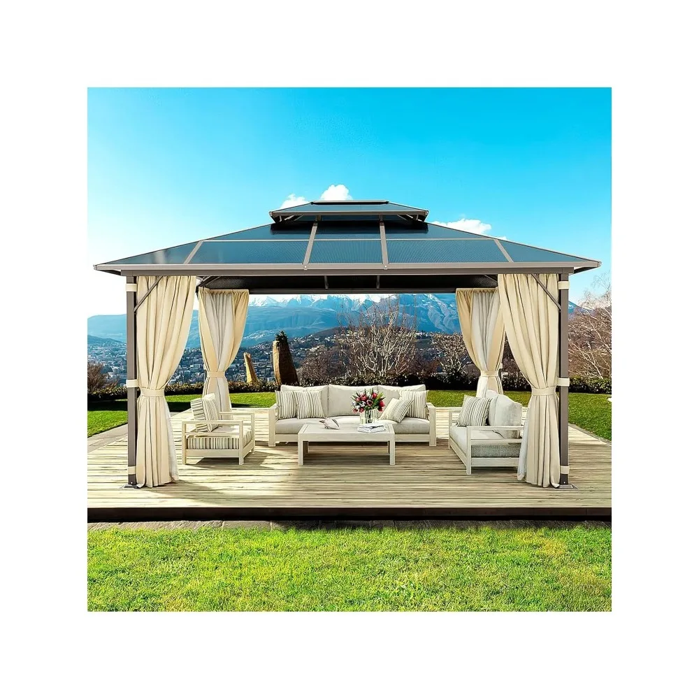 

Hardtop Gazebo, Outdoor Polycarbonate Double Roof Gazebo with Aluminum Frame Permanent Pavilion and Curtains & Netting