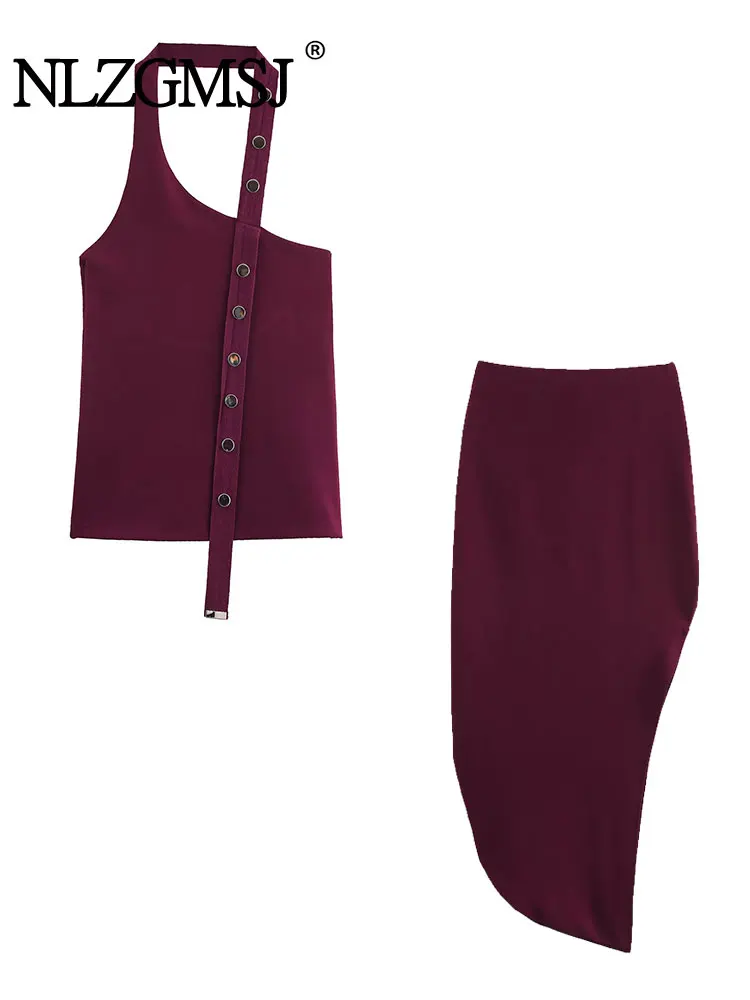 

2025 Summer Casual Solid Women Suit Asymmetric Halter Buttons Backless Sleeveless Top Long Skirt Fashion Set