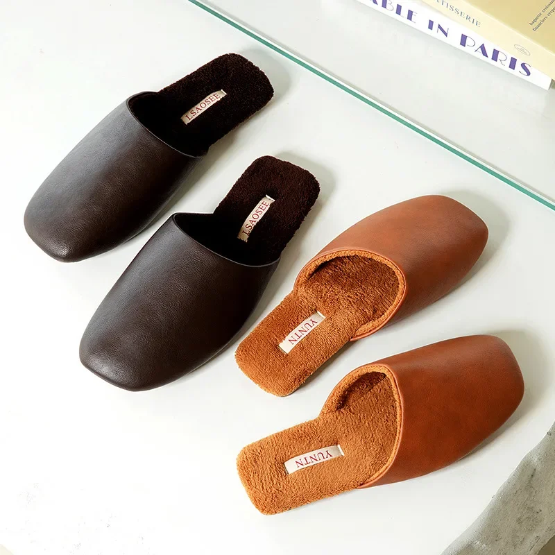 

Autumn Winter Luxury Minimalist Fleece Lined Women's Cotton Slippers Waterproof PU Leather Couples Home Slippers Men and Women