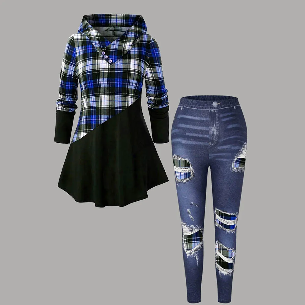 

Женские толстовки в клетку больших размеров в полоску, комплект из двух предметов, осенне-зимний повседневный пуловер с длинными рукавами и комплекты брюк из искусственного денима