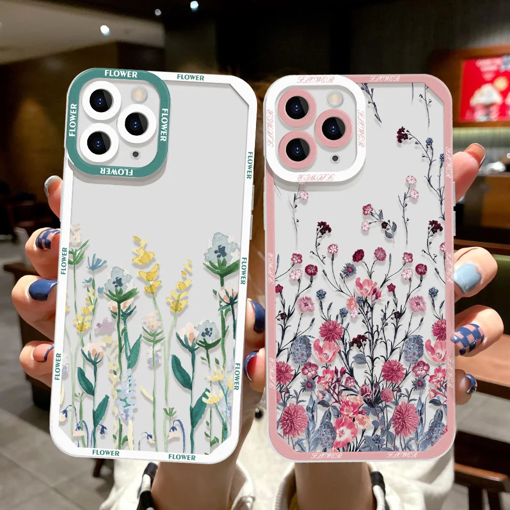 Flower Clear Case For iPhone 11 Pro Max 14 12 13 Pro 7 8 Plus X XR XS Max SE 2020 2022 Shockproof Lens Protection Soft TPU Cover