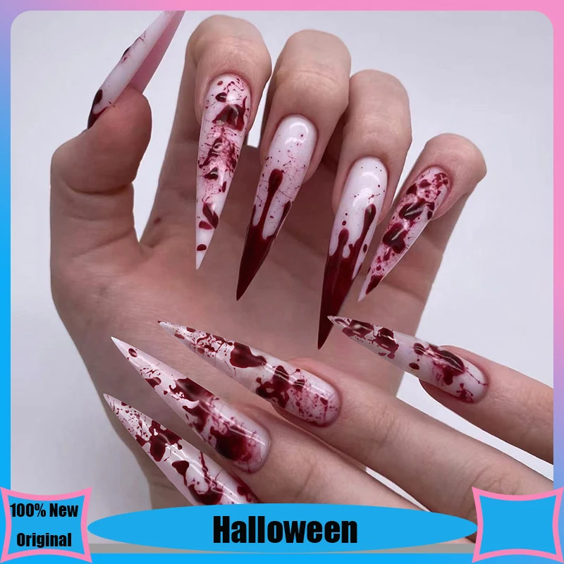 24pcs Long Pointed Halloween Nail Tips Bloodstain Decor Fake Nails Stiletto Press On False Nails Professional Manicure Nail Art