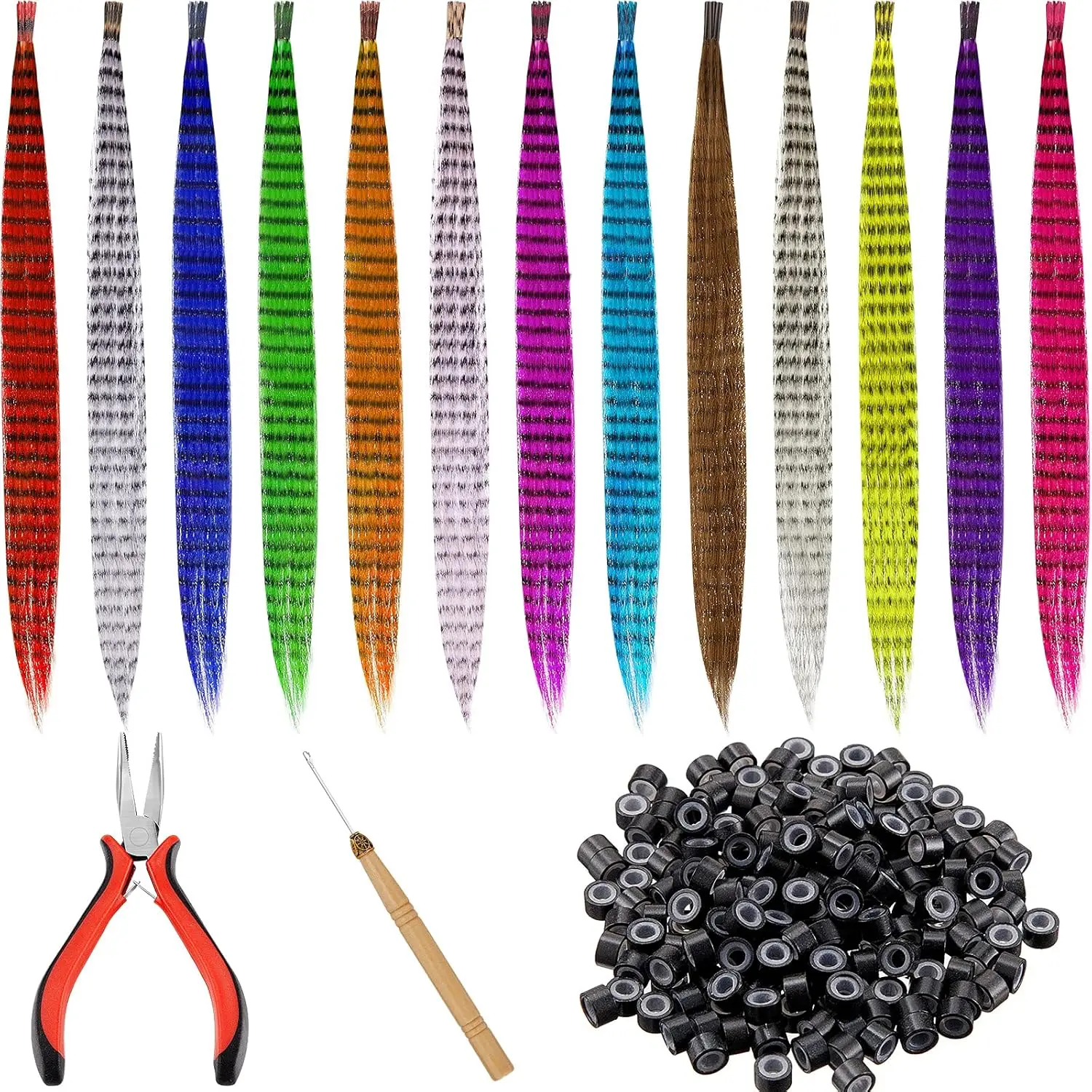 

52 Pcs Colored Hair Feathers Extension Kit, 13 Colors Long Straight Synthetic Hair with Micro Rings & Crochet Hook for Cosplay Party