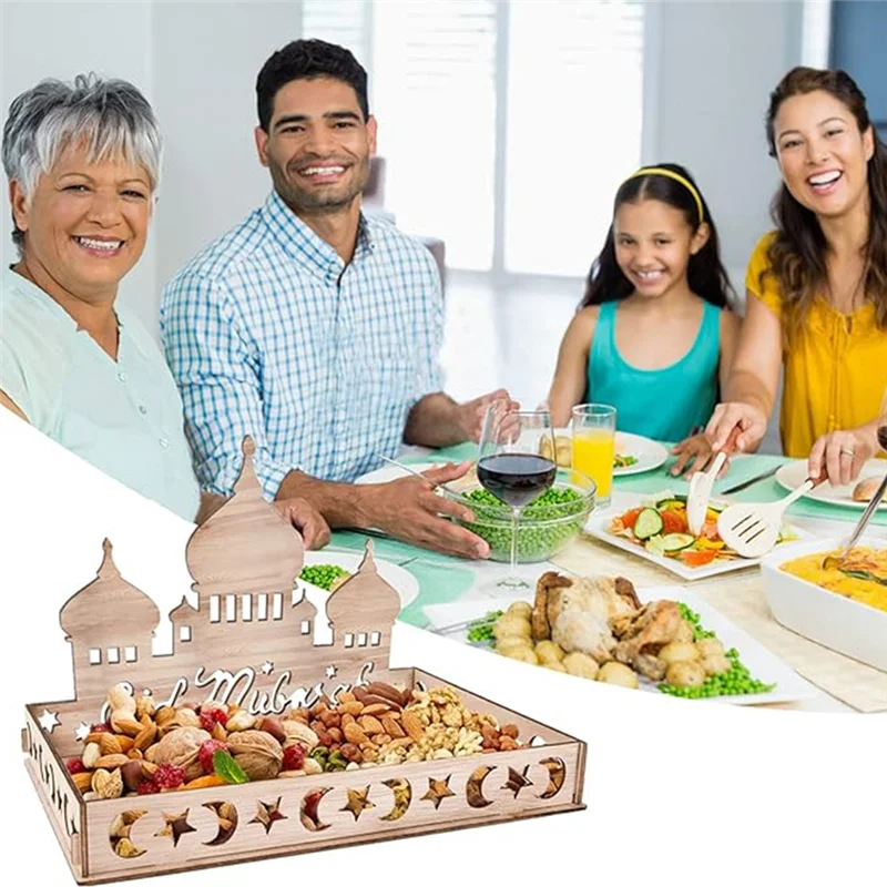 

ABWR-Ramadan Plate Eid Mubarak Tray Set Wooden Tray Set Table Decoration For Dessert Snacks Serving Tray With Moon And Star Patt