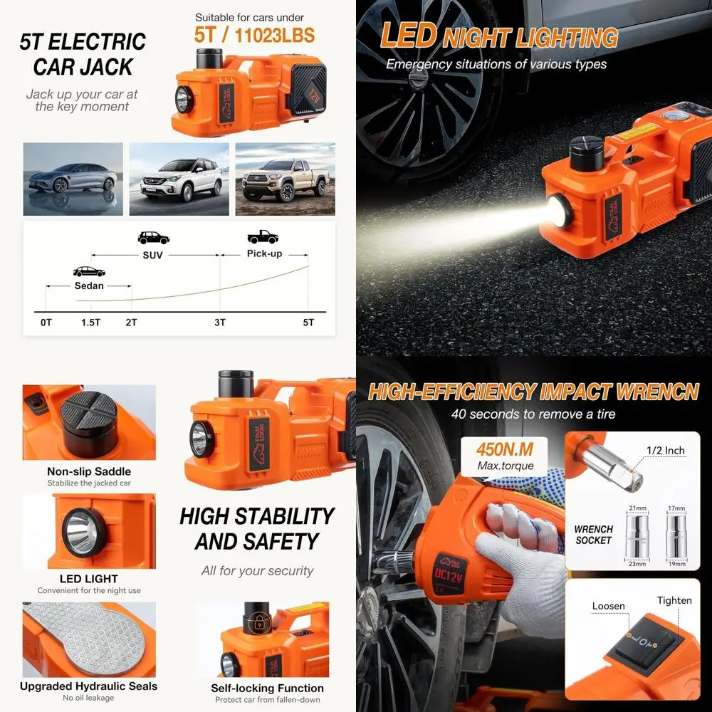

12V Heavy-Duty Electric Car Jack Kit with Hydraulic Lift, Tire Inflation, and Impact Wrench for Cars, SUVs, and Trucks