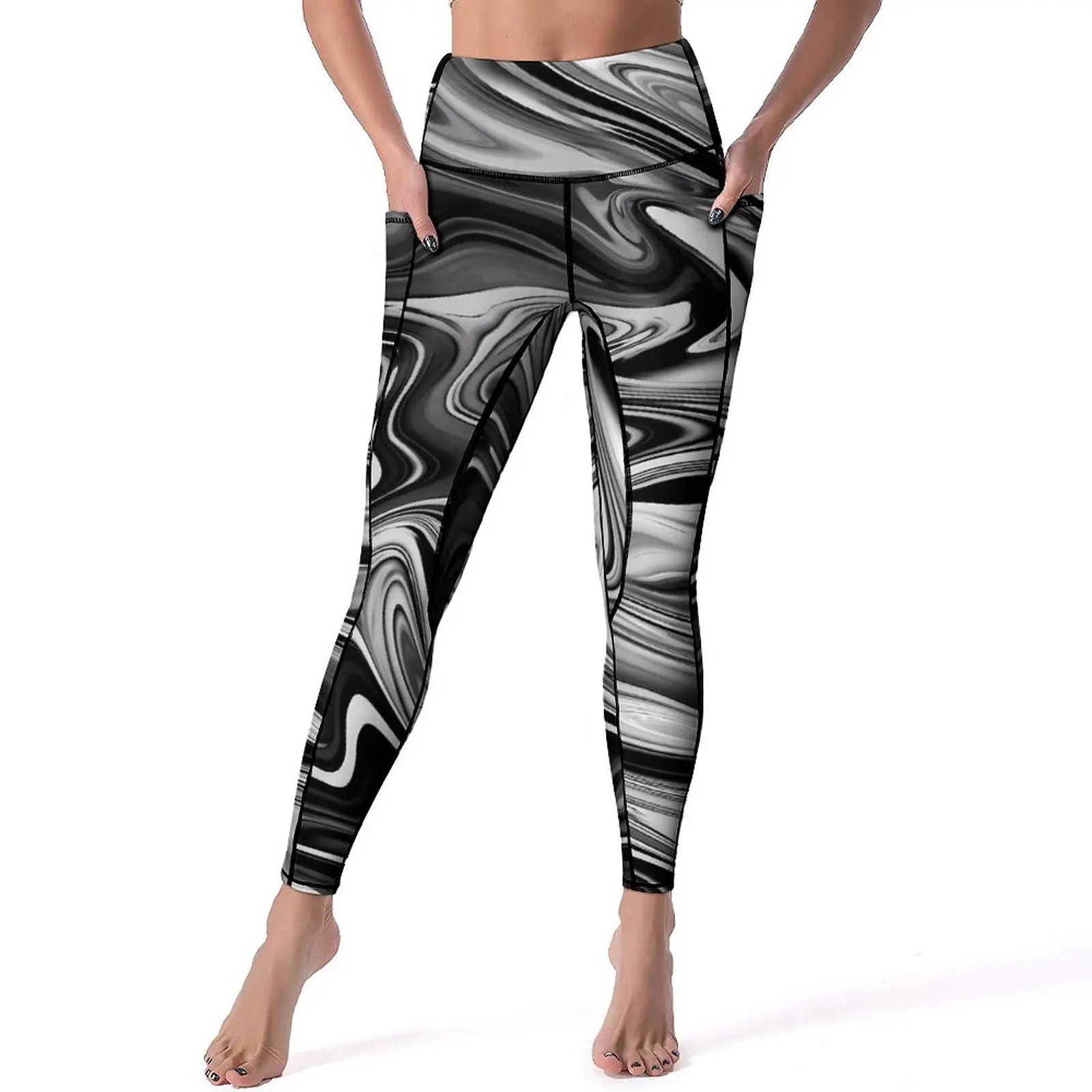 

Elegant Marble Yoga Pants Sexy Black White Liquid Graphic Leggings Push Up Workout Gym Leggins Lady Casual Stretch Sports Tights