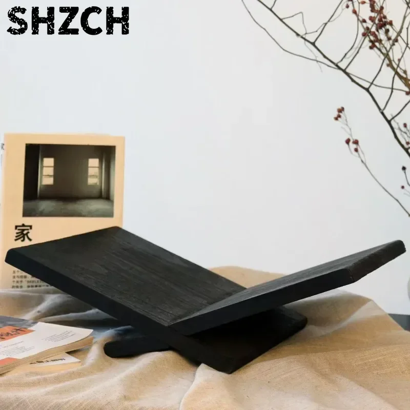 Minimalist Book Rack Black Charred Wood Magazine Display Stand for Hotel Model Home Decor for Sales Office Rustic Bookshelf