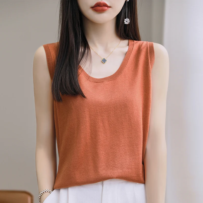 SZDYQH Hot Sale Summer Silk Tops Women's Fashion O-neck Sleeveless Knit Pullover Spring Soft Comfortable Tank Tops Black Whiter