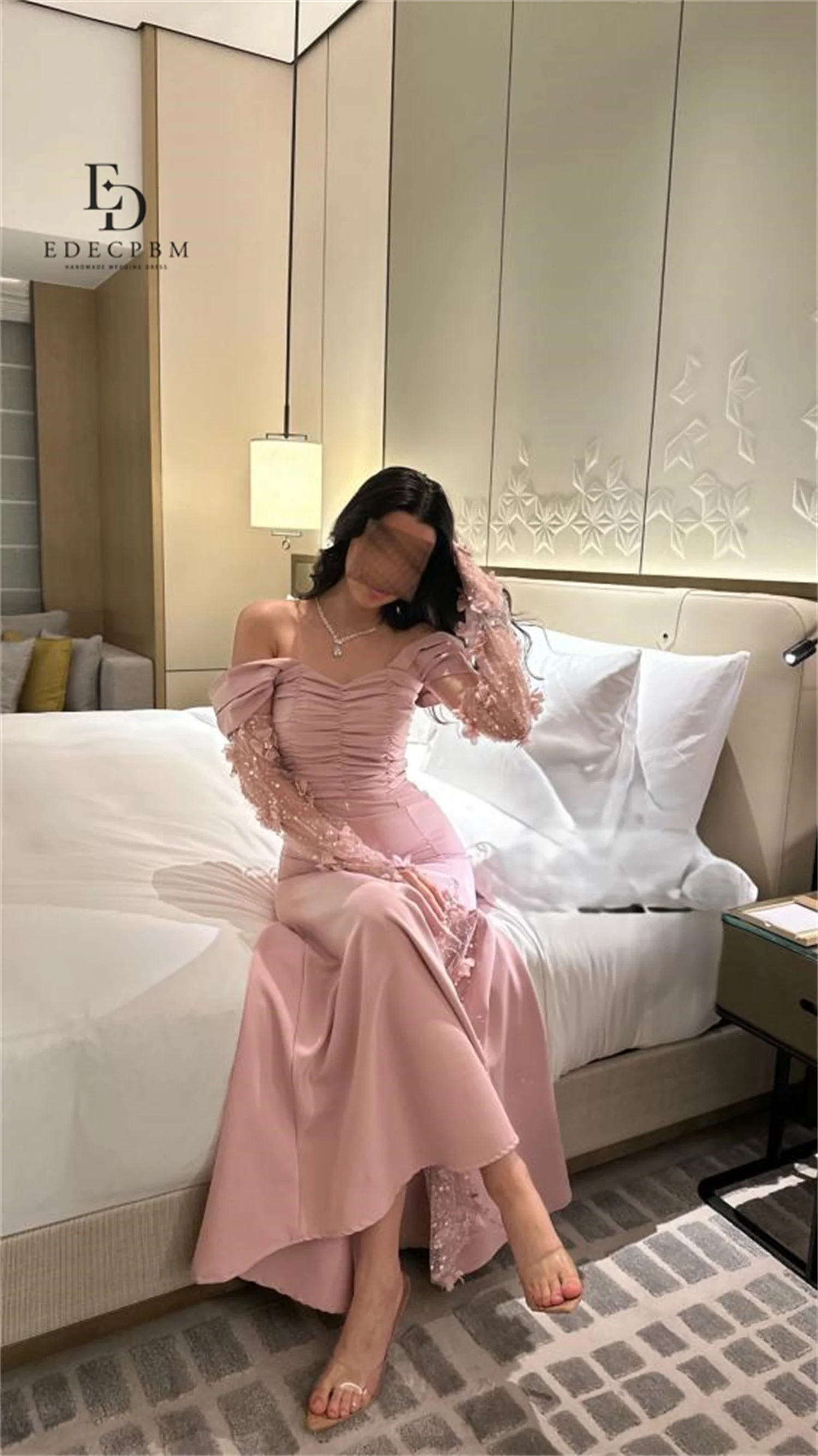 EDECPBM różowe długie suknie wieczorowe na specjalne okazje dostosowana suknia ślubna Vestidos De Festa Off-shoulder syrenka