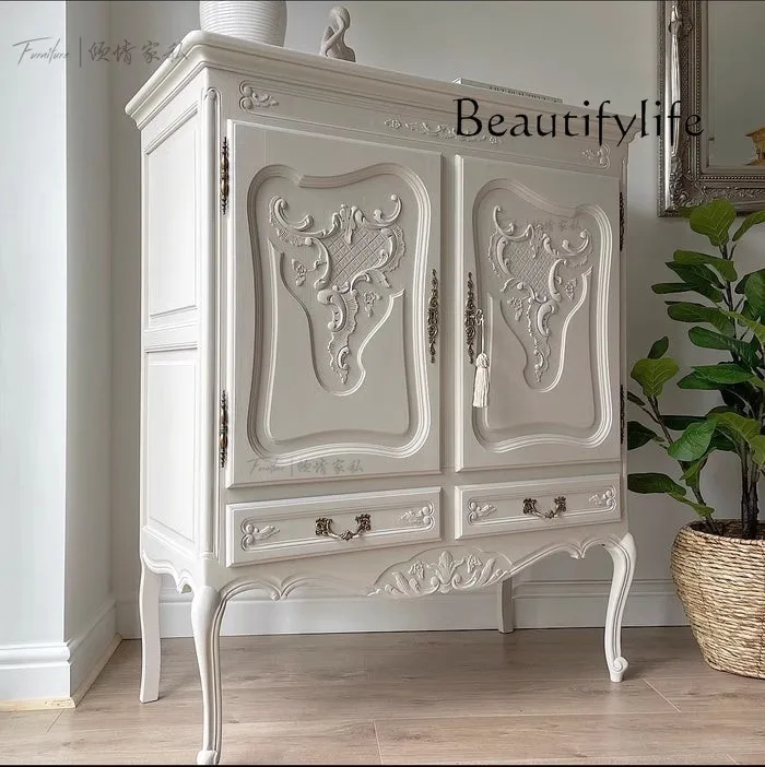 French cream wind solid wood carving flower dining side cabinet art with drawer storage cabinet