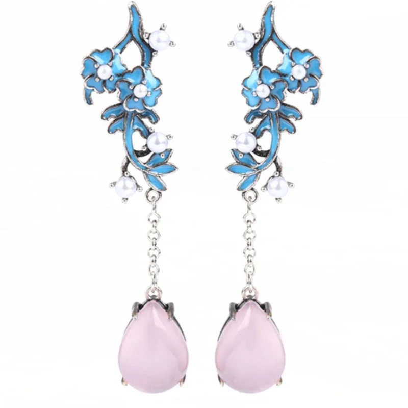 

National style chalcedony earrings, ethnic style long fringed earrings, high-end retro violet jade earrings.