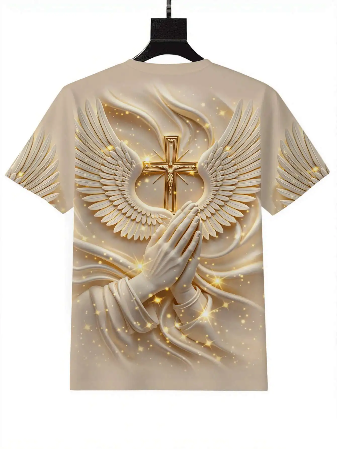 Men's beige short-sleeved summer T-shirt featuring a design of a cross, wings, and praying hands.