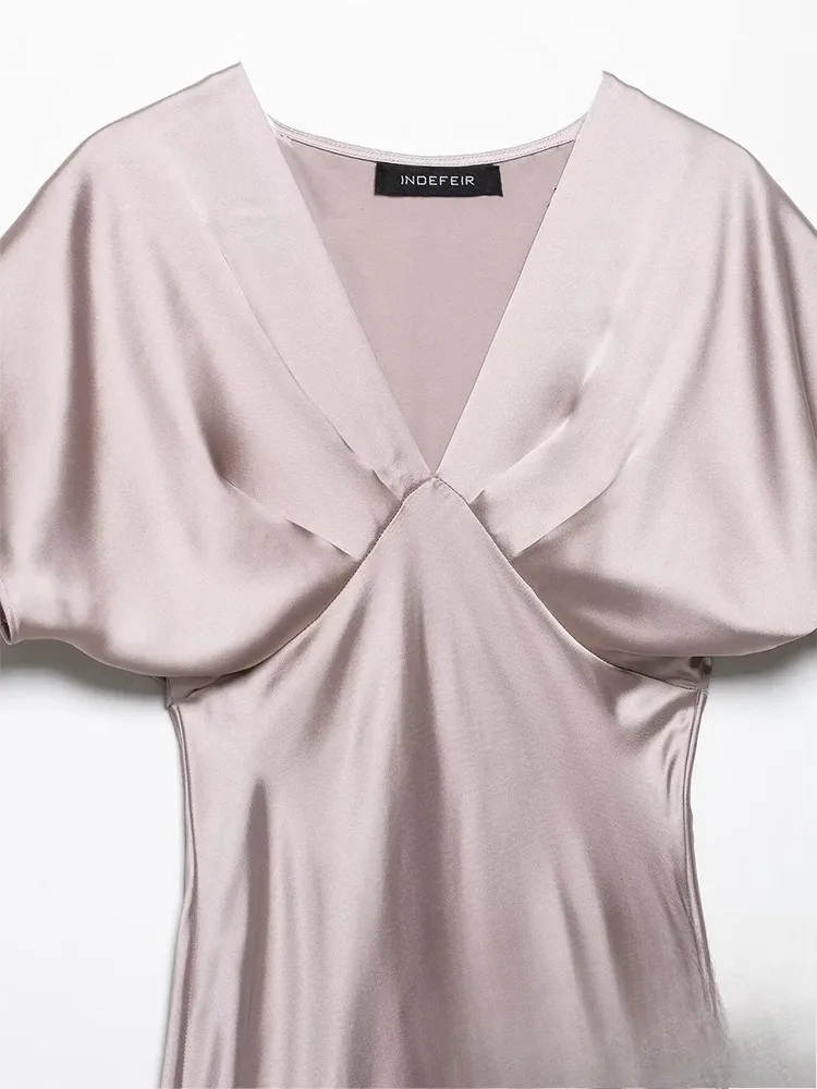 KONDALA Sexy col en V Satin longue robe femmes col en V à manches courtes robe droite mode 2025 printemps été élégant robe de soirée